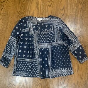 J. Jill Navy and White Patterned patchworks/ handkerchiefs/ bandana Blouse